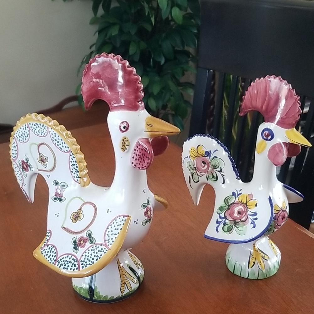 Colorful Ceramic Portugal Rooster Figurines and rooster tea towel